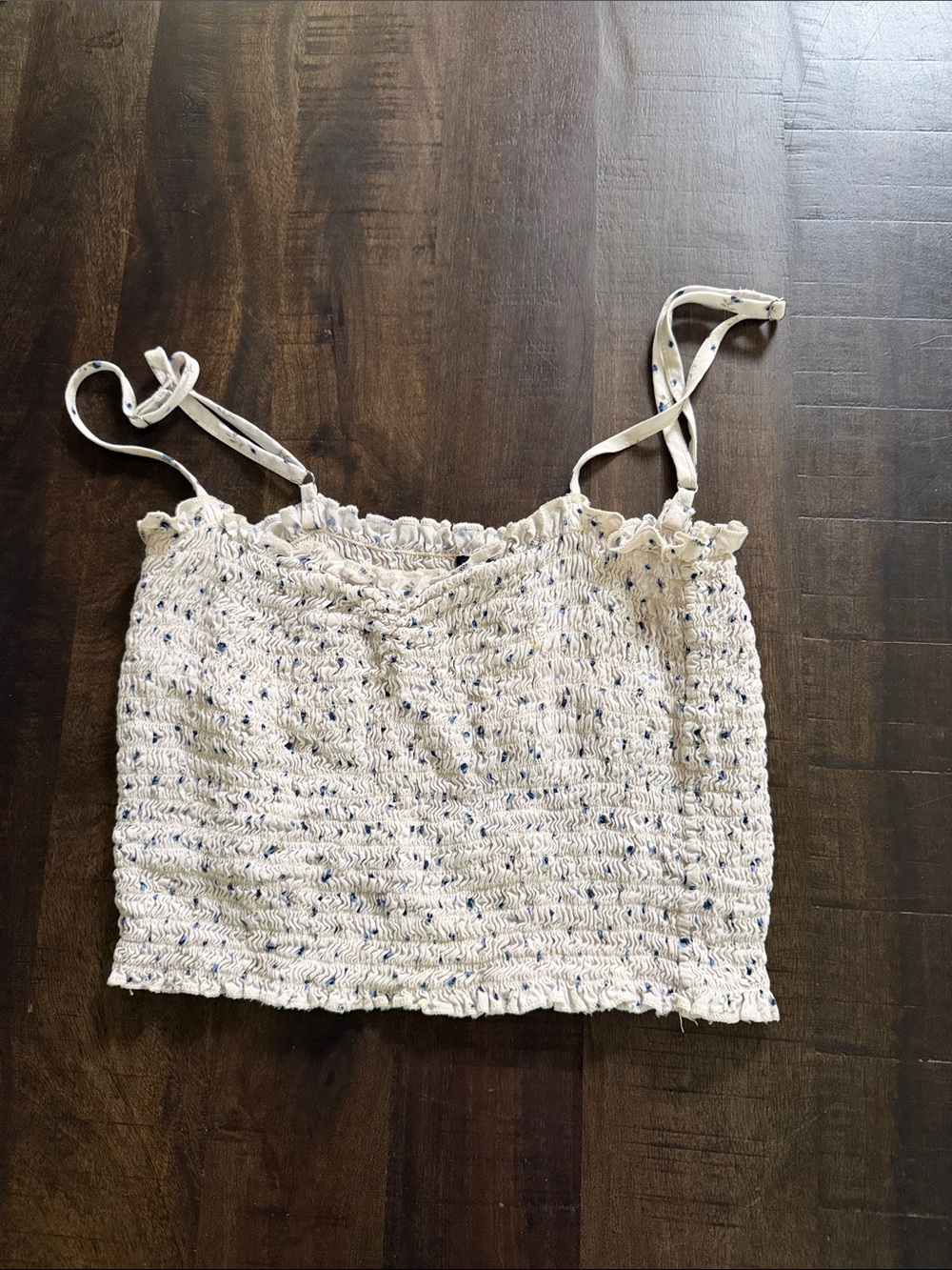 Brandy Melville White Crochet Smocked Cami with Blue Flecks
